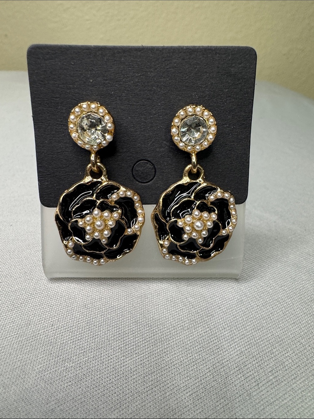 Gold-Tone Black Enamel Floral Drop Earrings with Pearls
